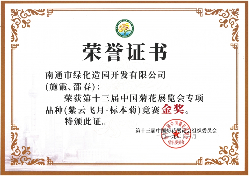 十三屆中國菊花展覽會專項品種（紫云飛月-標本菊）競賽金獎（施霞、邵春）